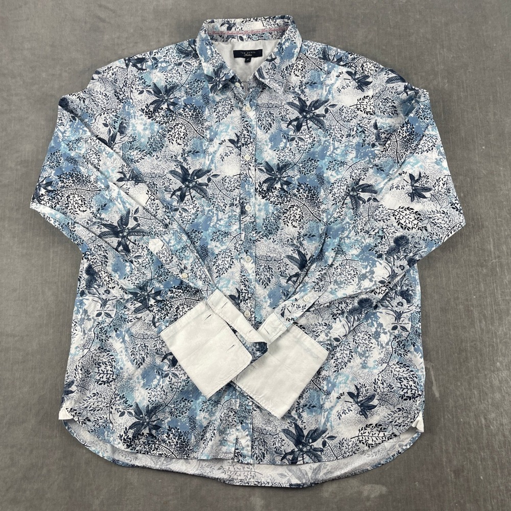 Ted Baker Men 17 Blue Floral Pashion Button Down Shirt Contrast Cuffs